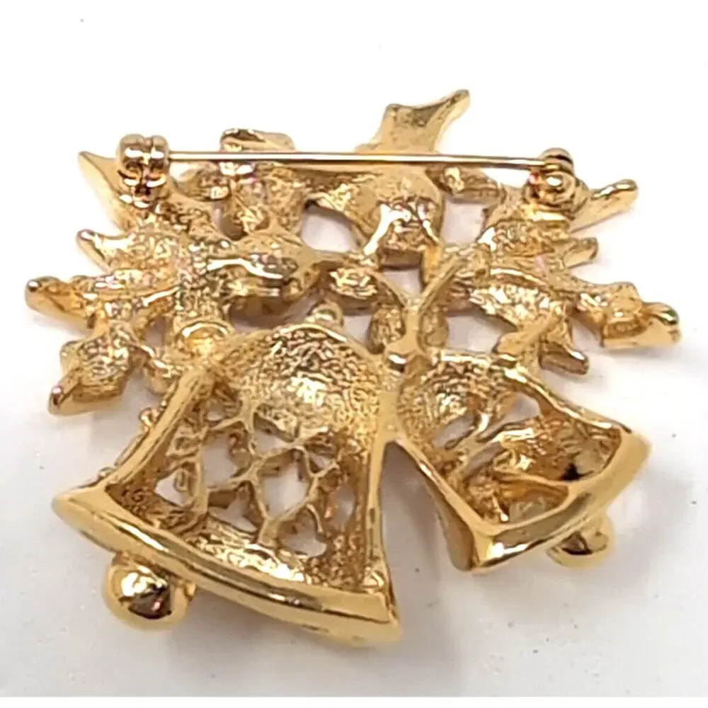 VTG Avon Jewelry Christmas Brooch Bells Gold Tone Red Green‎ Clear Rhinestones
